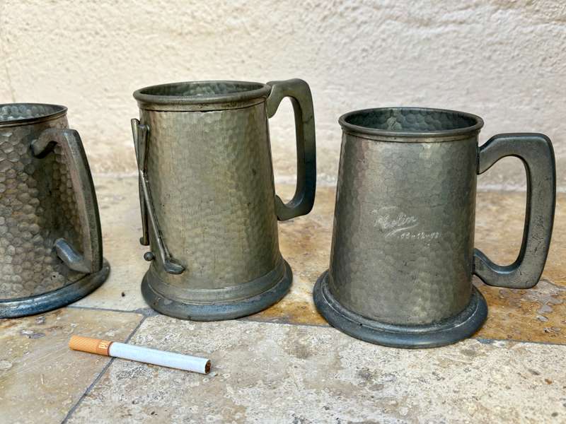 vintage hammered pewter tankard lot of 4 with  Golf tankard glass bottom