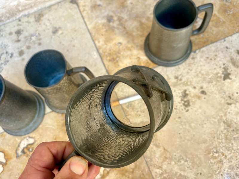 vintage hammered pewter tankard lot of 4 with  Golf tankard glass bottom