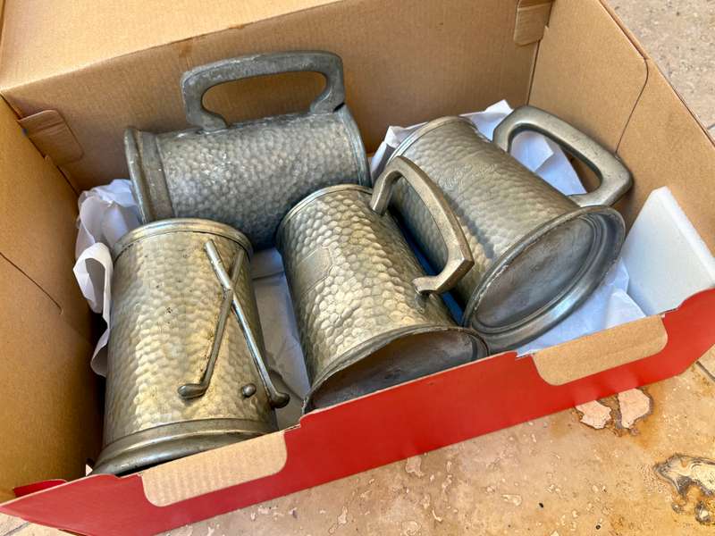 vintage hammered pewter tankard lot of 4 with  Golf tankard glass bottom