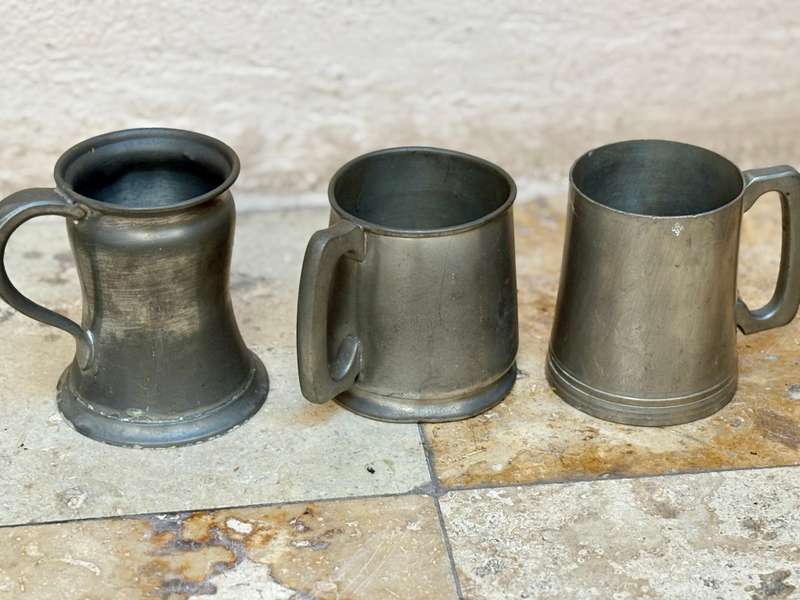 Vintage unusual pewter tankard lot of 3