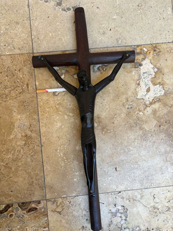 Large ebony wood carved crucifix Christ corpus 60 cm x 27 cm