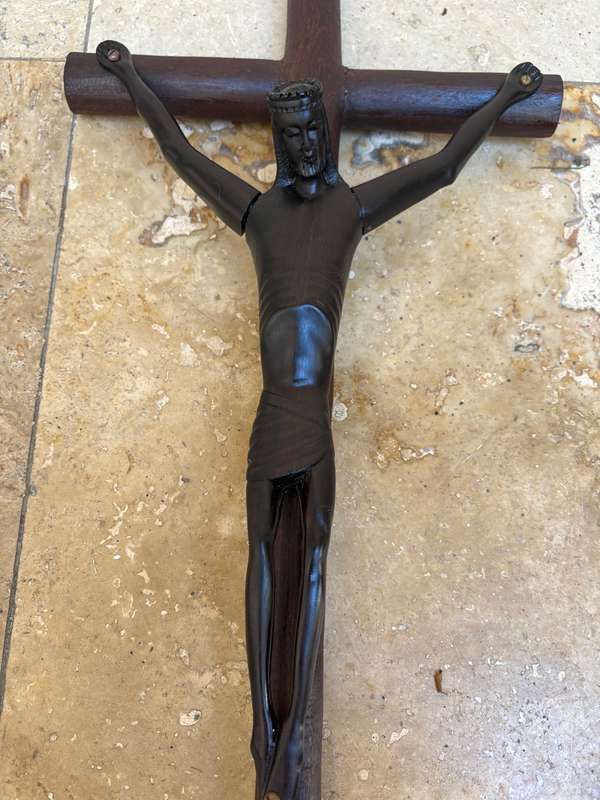 Large ebony wood carved crucifix Christ corpus 60 cm x 27 cm