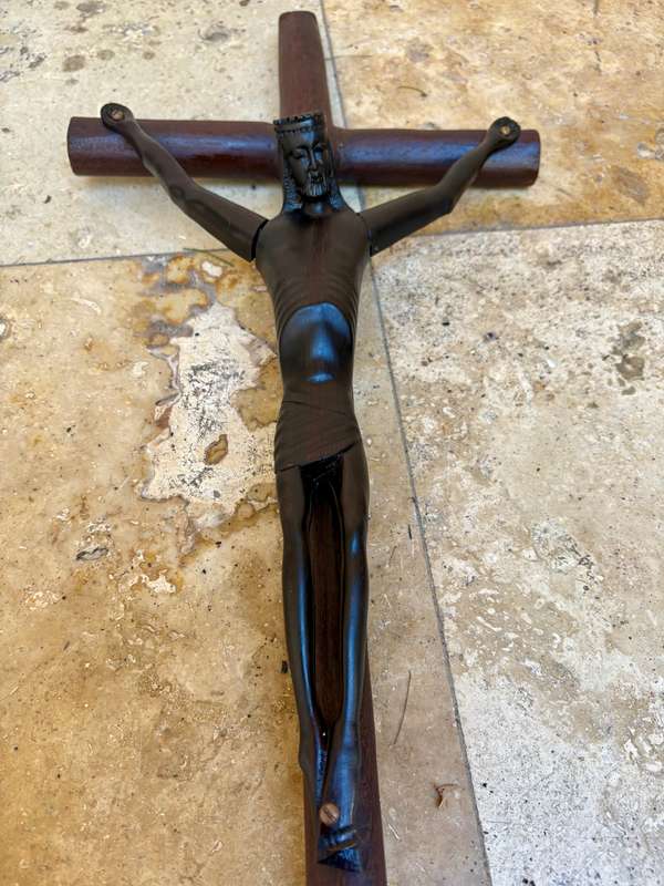 Large ebony wood carved crucifix Christ corpus 60 cm x 27 cm