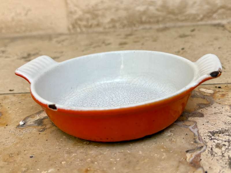 Vintage HUSQVARNA Cast Iron Oven Dish, Orange Iron Enamel Baking Dish, Sweden, 1950s