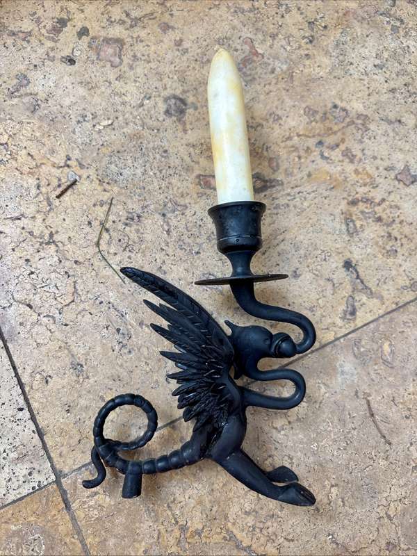 Antique gothic Victorian  bronze gargoyle dragon candle stick holder pair
