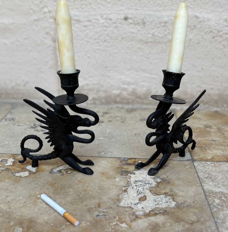 Antique gothic Victorian  bronze gargoyle dragon candle stick holder pair