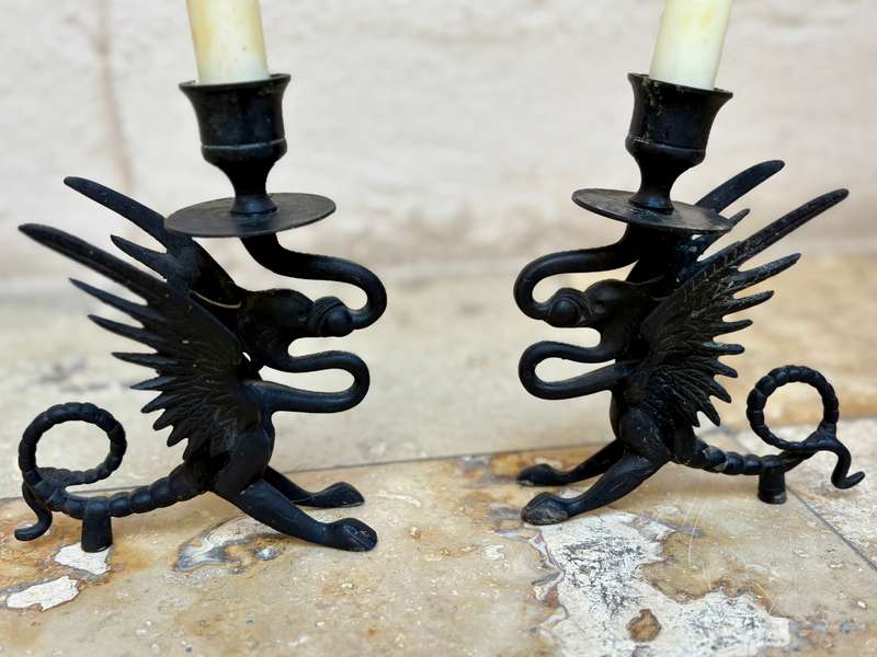 Antique gothic Victorian  bronze gargoyle dragon candle stick holder pair