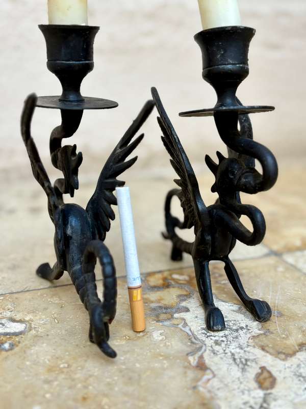 Antique gothic Victorian  bronze gargoyle dragon candle stick holder pair