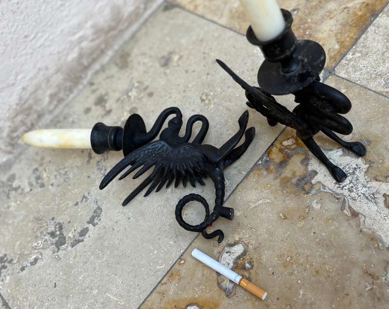 Antique gothic Victorian  bronze gargoyle dragon candle stick holder pair