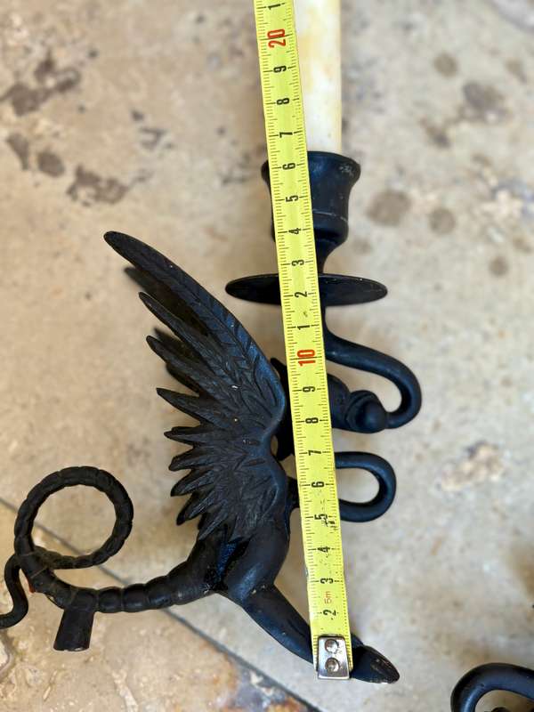 Antique gothic Victorian  bronze gargoyle dragon candle stick holder pair