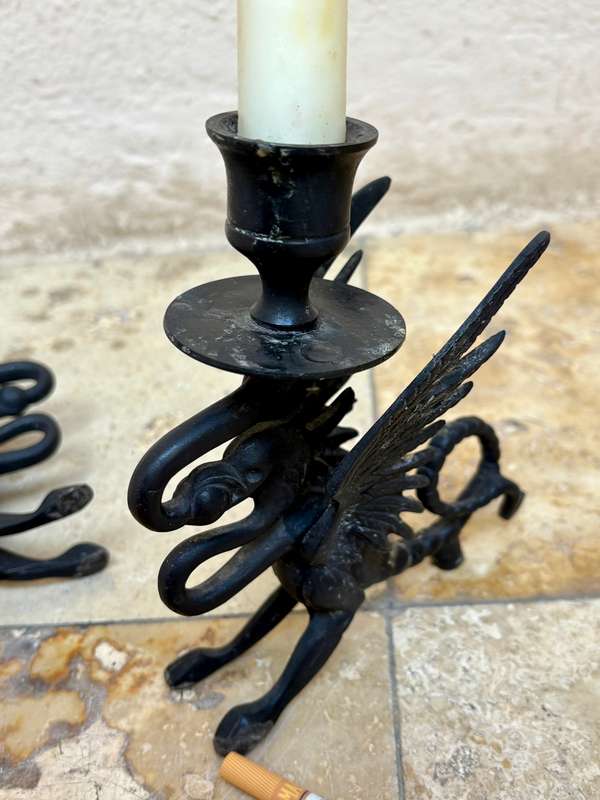 Antique gothic Victorian  bronze gargoyle dragon candle stick holder pair