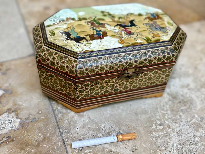 Vintage Persian art Khatam box footed hand painted Moshul battle scene