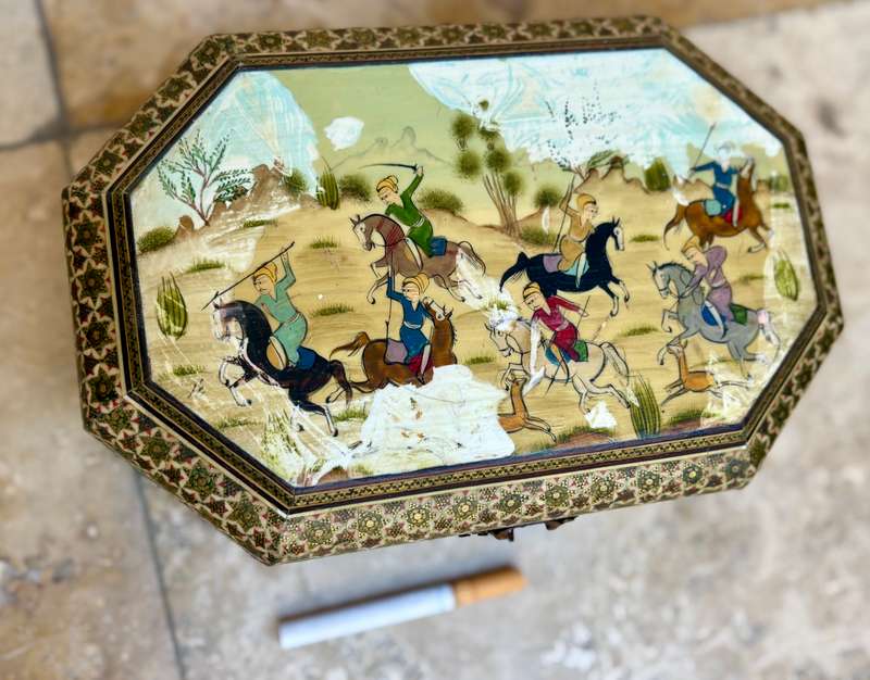 Vintage Persian art Khatam box footed hand painted Moshul battle scene