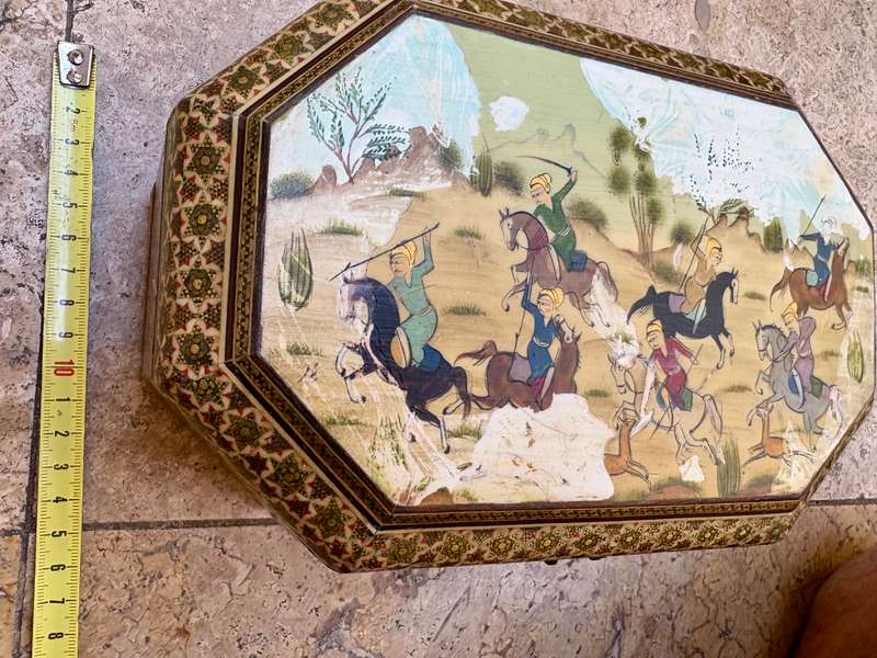 Vintage Persian art Khatam box footed hand painted Moshul battle scene
