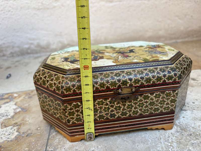 Vintage Persian art Khatam box footed hand painted Moshul battle scene