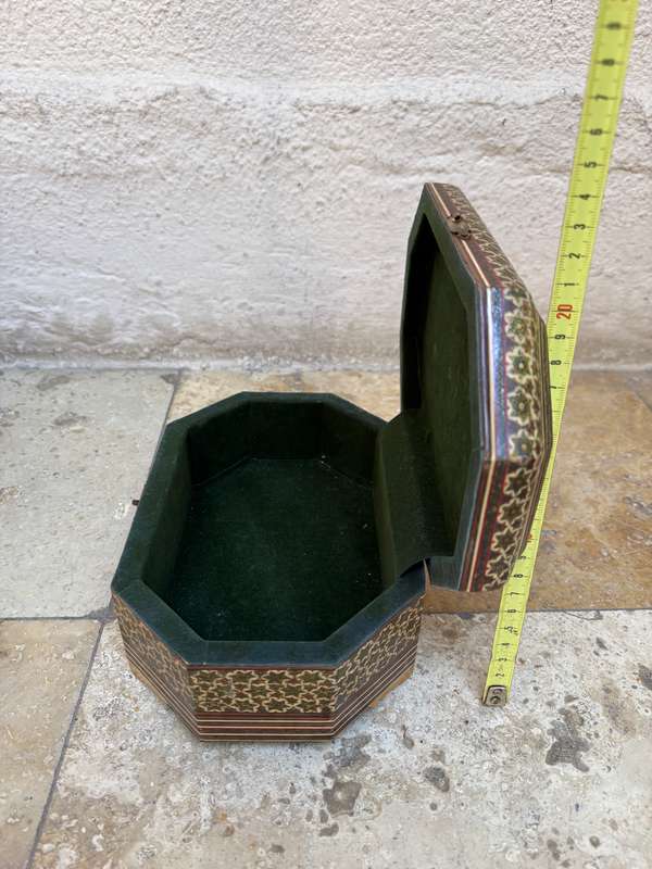 Vintage Persian art Khatam box footed hand painted Moshul battle scene