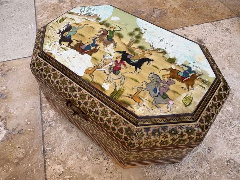 Vintage Persian art Khatam box footed hand painted Moshul battle scene