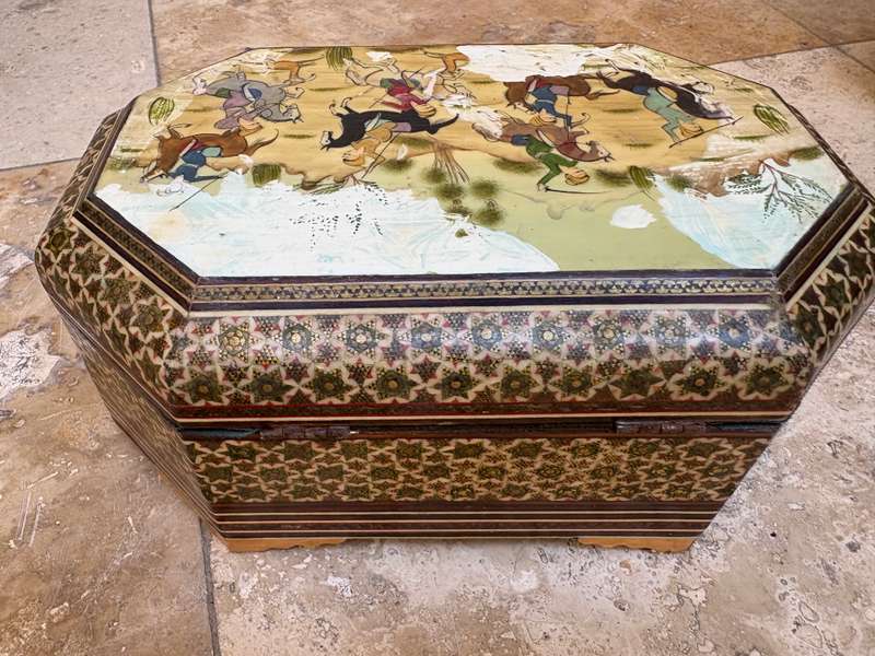 Vintage Persian art Khatam box footed hand painted Moshul battle scene