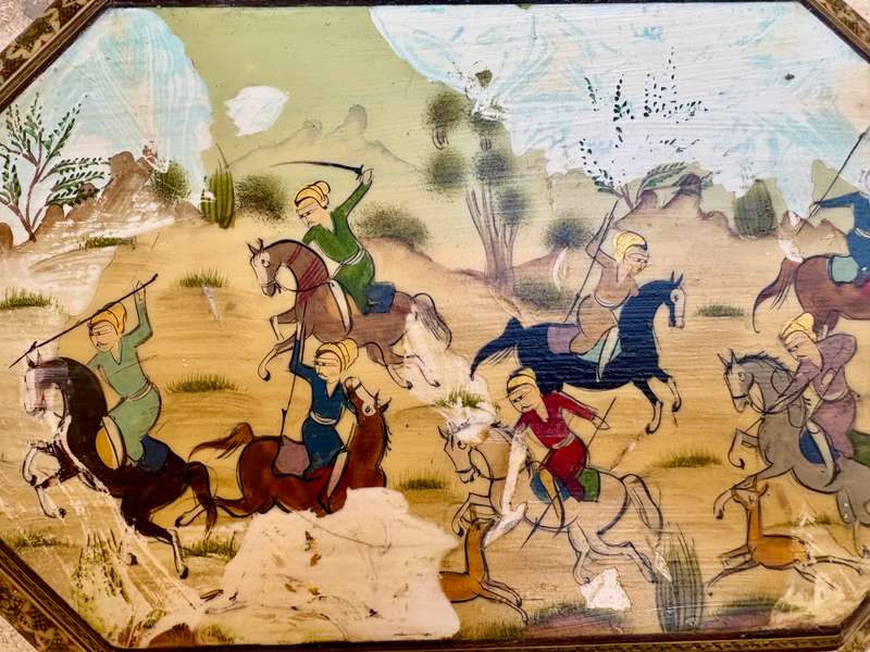 Vintage Persian art Khatam box footed hand painted Moshul battle scene