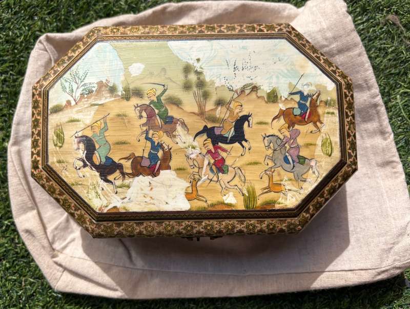 Vintage Persian art Khatam box footed hand painted Moshul battle scene