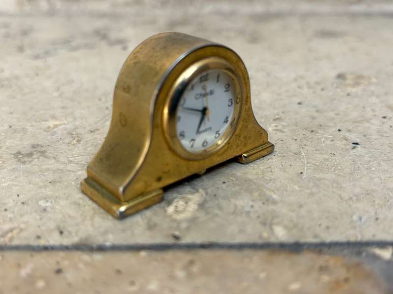 Miniature brass tone quartz cheval mantle clock and B Japan made mantle clock pair