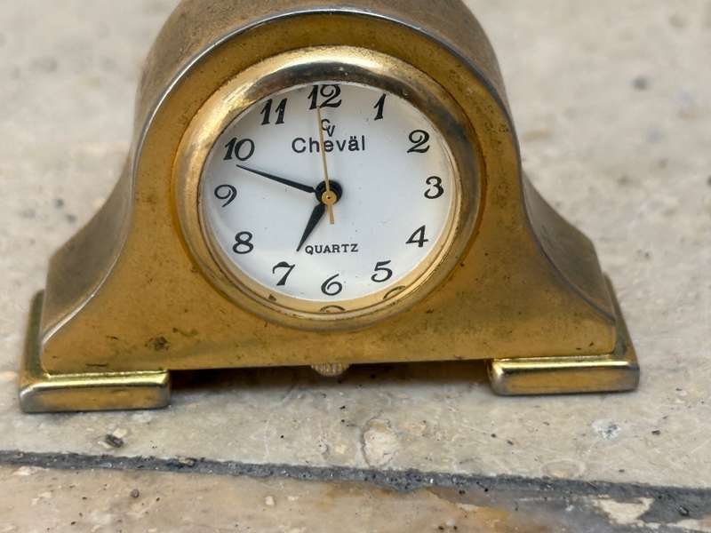 Miniature brass tone quartz cheval mantle clock and B Japan made mantle clock pair