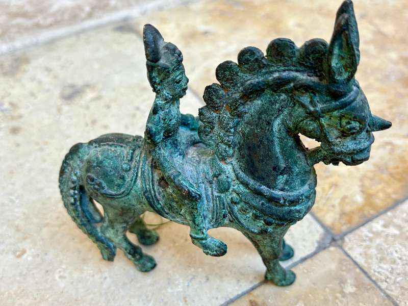Vintage bronze horse with rider sculpture warrior knight statuette