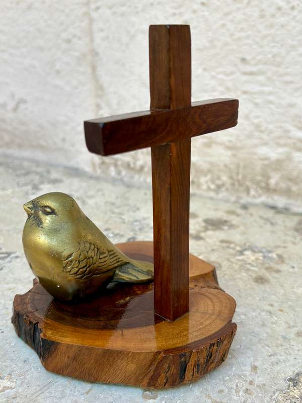 Brass sparrow on wood crucifix pedestal