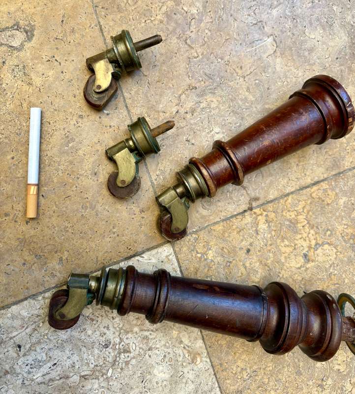 ANTIQUE SOLID BRASS FURNITURE CASTORS wood wheels  X 4 With two chair legs, 4 table short legs