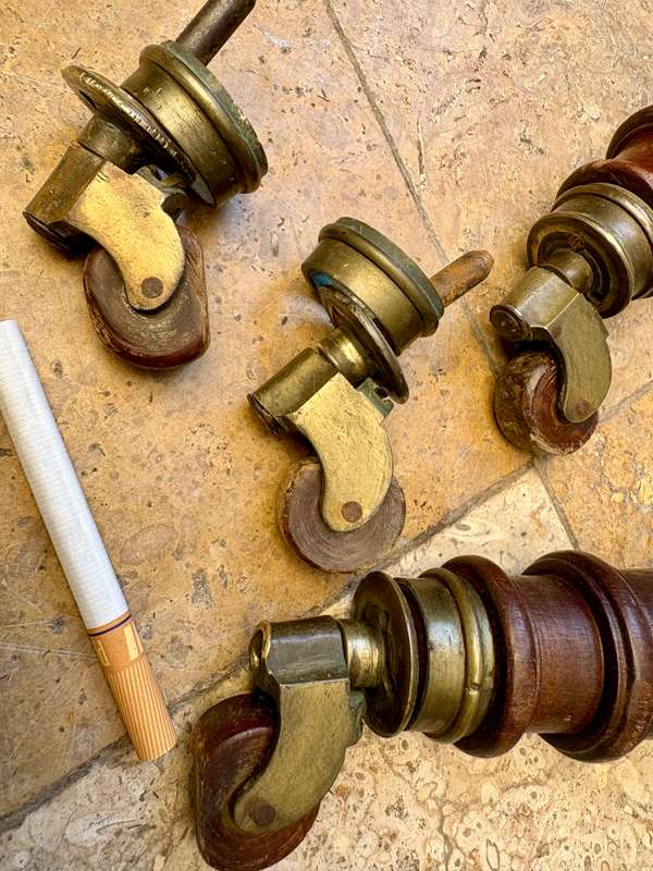 ANTIQUE SOLID BRASS FURNITURE CASTORS wood wheels  X 4 With two chair legs, 4 table short legs