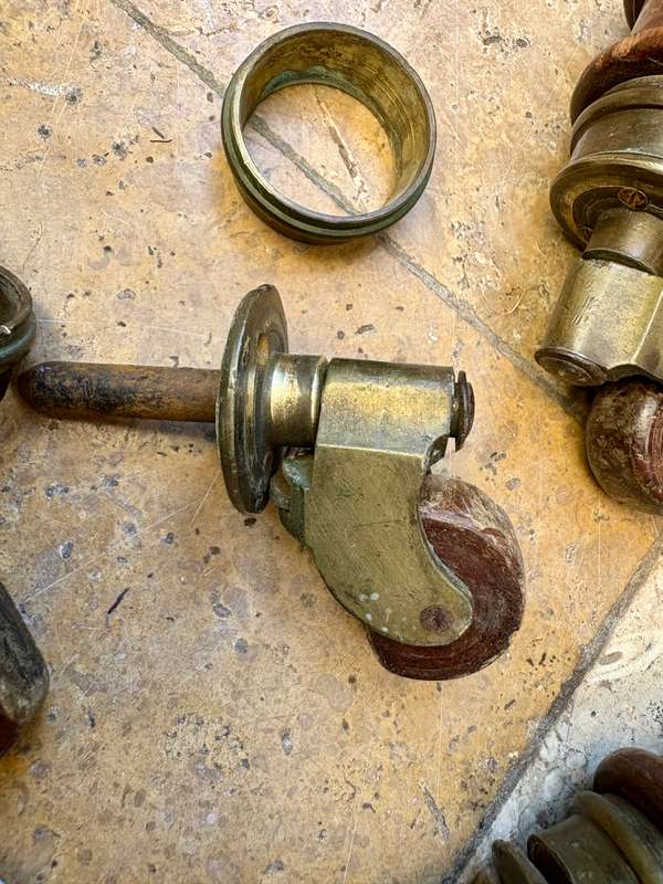 ANTIQUE SOLID BRASS FURNITURE CASTORS wood wheels  X 4 With two chair legs, 4 table short legs