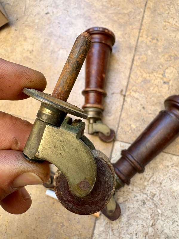 ANTIQUE SOLID BRASS FURNITURE CASTORS wood wheels  X 4 With two chair legs, 4 table short legs