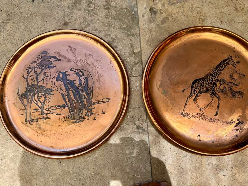 vintage royal sable copper plate pair  Giraffe and elephant scene 29cm