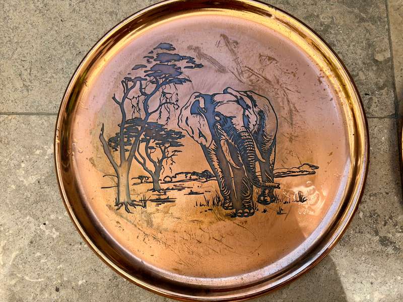 vintage royal sable copper plate pair  Giraffe and elephant scene 29cm