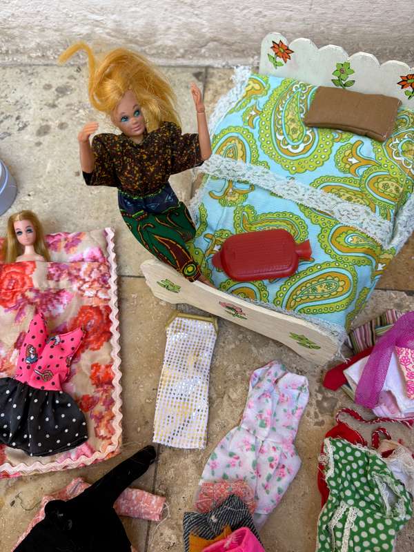 Mego corp articulated Barbie type doll Hong Kong,   bed + clothes lot + Barbie clothes patterns