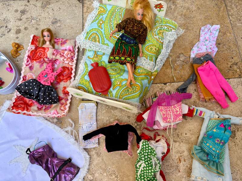 Mego corp articulated Barbie type doll Hong Kong,   bed + clothes lot + Barbie clothes patterns