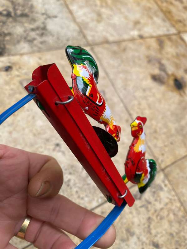 Vintage chicken feed tin toy cock hen rooster squeeze mechanical