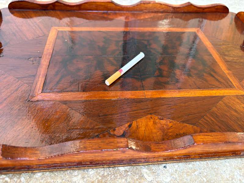 Vintage wood drinks tray inlay detail varnished