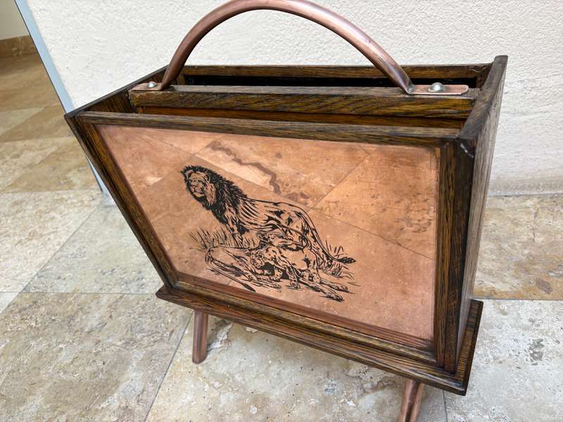 Vintage magazine rack Rhodesia copper and wood , hippo and Lion scenes