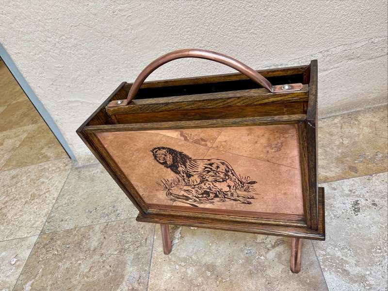 Vintage magazine rack Rhodesia copper and wood , hippo and Lion scenes
