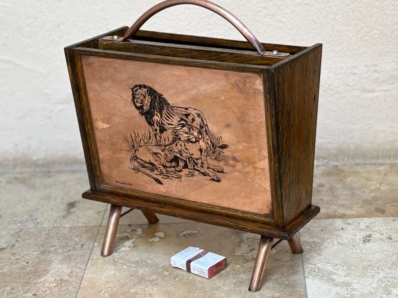 Vintage magazine rack Rhodesia copper and wood , hippo and Lion scenes