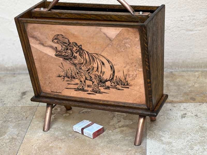 Vintage magazine rack Rhodesia copper and wood , hippo and Lion scenes