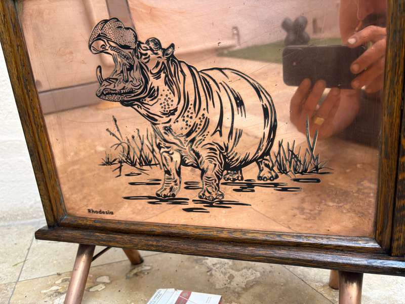 Vintage magazine rack Rhodesia copper and wood , hippo and Lion scenes