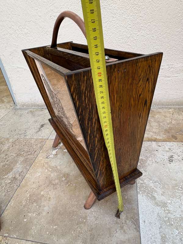 Vintage magazine rack Rhodesia copper and wood , hippo and Lion scenes