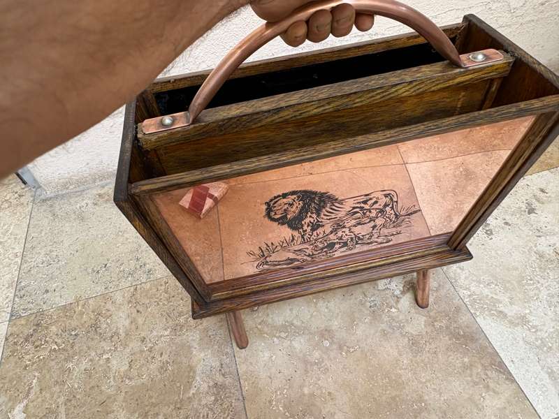 Vintage magazine rack Rhodesia copper and wood , hippo and Lion scenes