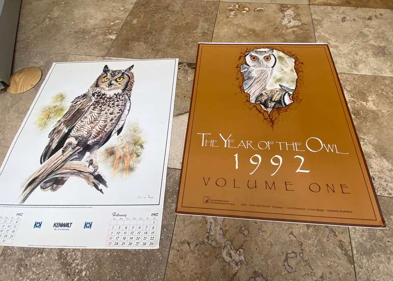 Vintage owl print poster prints  lot of 6 by Chris van Rooyen , 1992