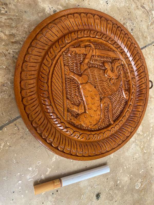 Vintage Wood Lion holding a sword hand carved round motif  wall hanging
