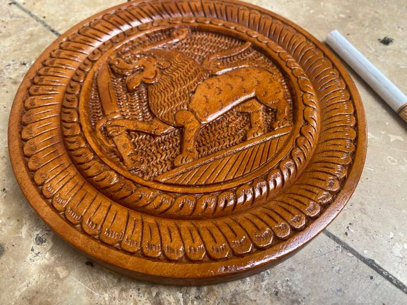 Vintage Wood Lion holding a sword hand carved round motif  wall hanging