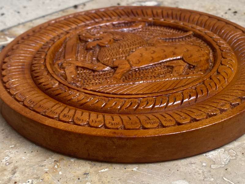 Vintage Wood Lion holding a sword hand carved round motif  wall hanging
