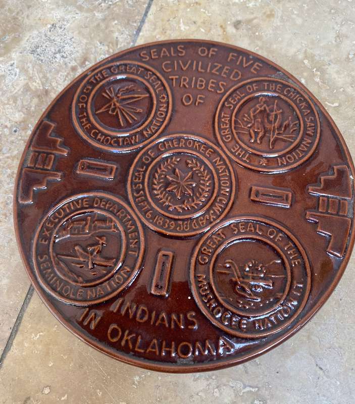 Frankoma Pottery Seals of Five Civilized Tribes of Indians in Oklahoma brown trivet